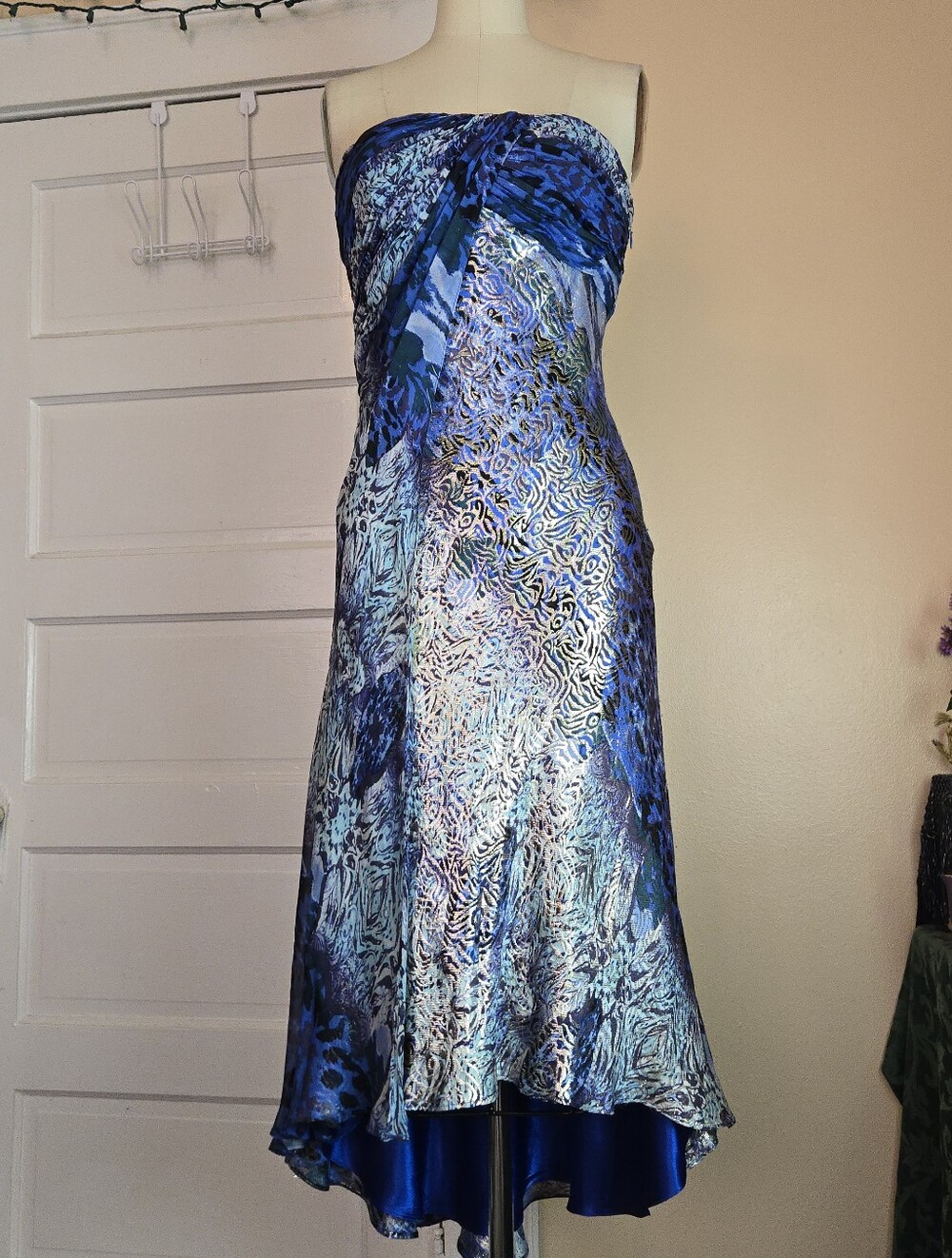 Alberto Makali Y2K Blue Silk Metallic Dress Satin Chiffon Asymmetrical